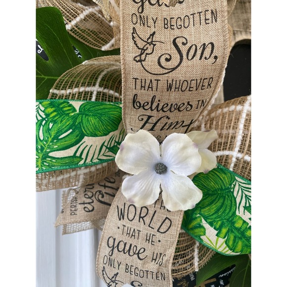 Wooden Christian He is Risen From the Tomb Sign Deco Mesh Ribbon Easter wreath - Picture 3 of 10